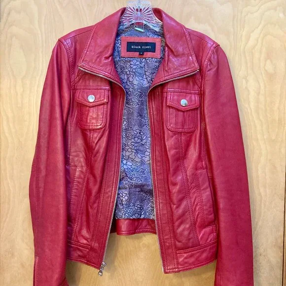 Black rivet on sale red leather jacket